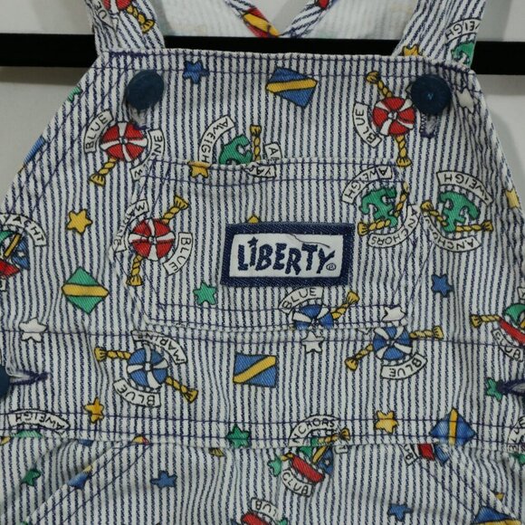 Vintage Liberty Kids Overalls Romper Nautical Print Blue Striped 90s Toddler - Picture 3 of 5